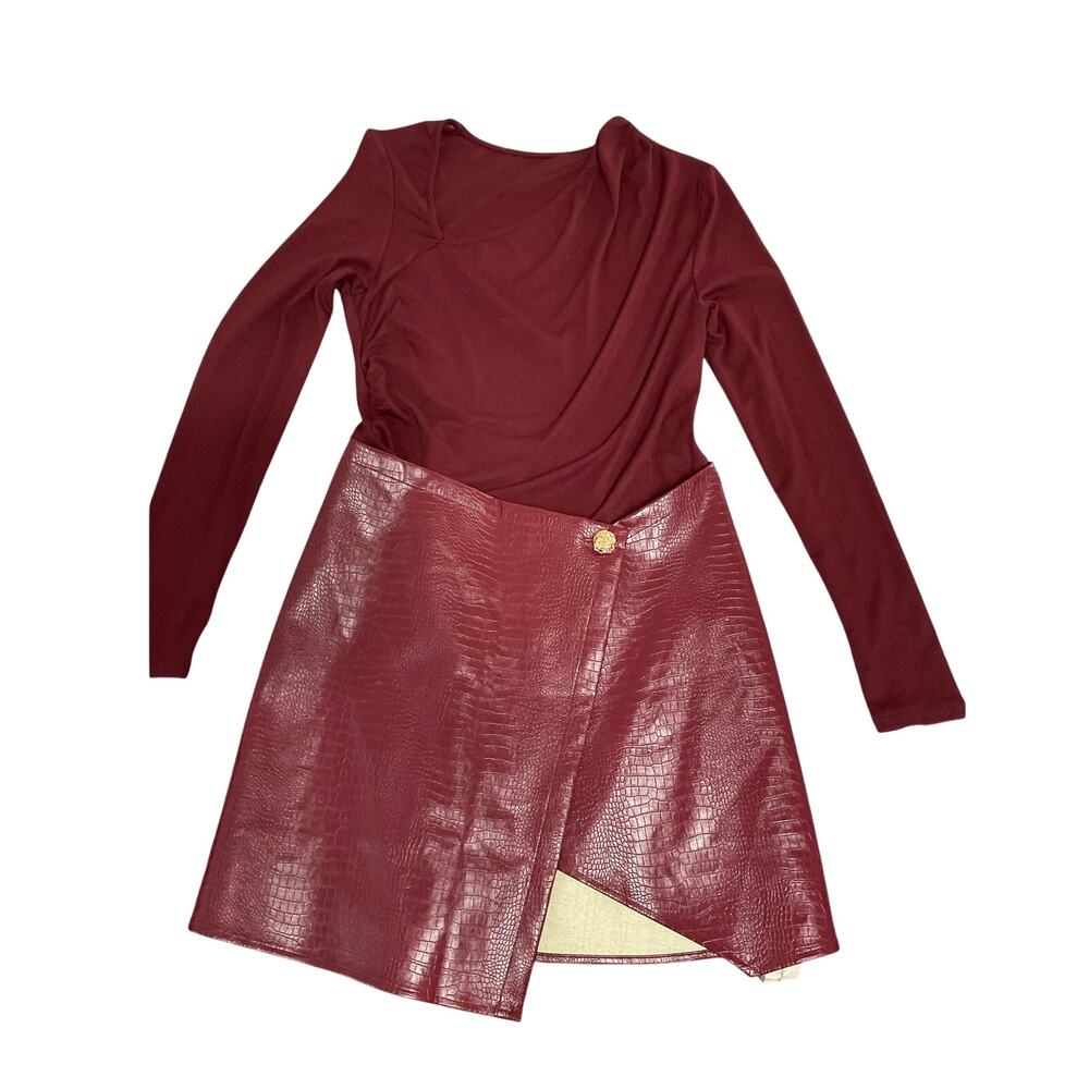 NWT Commense Red Faux Leather Paneled Knit Mini Dress Size Large Asymmetric Neck - Picture 5 of 8